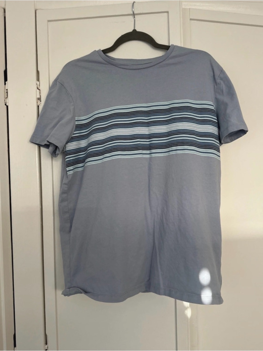 Goodfellow & Co Light Blue Crewneck T-Shirt with Navy and Pale Blue Stripes